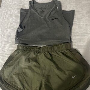 Nike Gray Racerback Tank with Olive Green Athletic Shorts
